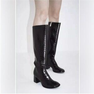 Zara Black Croc Embossed Patent Faux Leather Heeled Tall Boots‎ Size 40